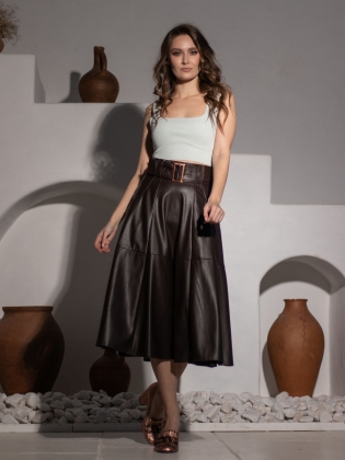 Женская одежда, юбка из экокожи, артикул: 890-0524, Цвет: коричневый,  Фабрика Трика, фото №1.